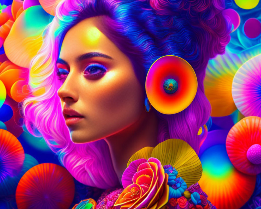 Colorful portrait of woman with psychedelic hair and makeup in vibrant floral setting