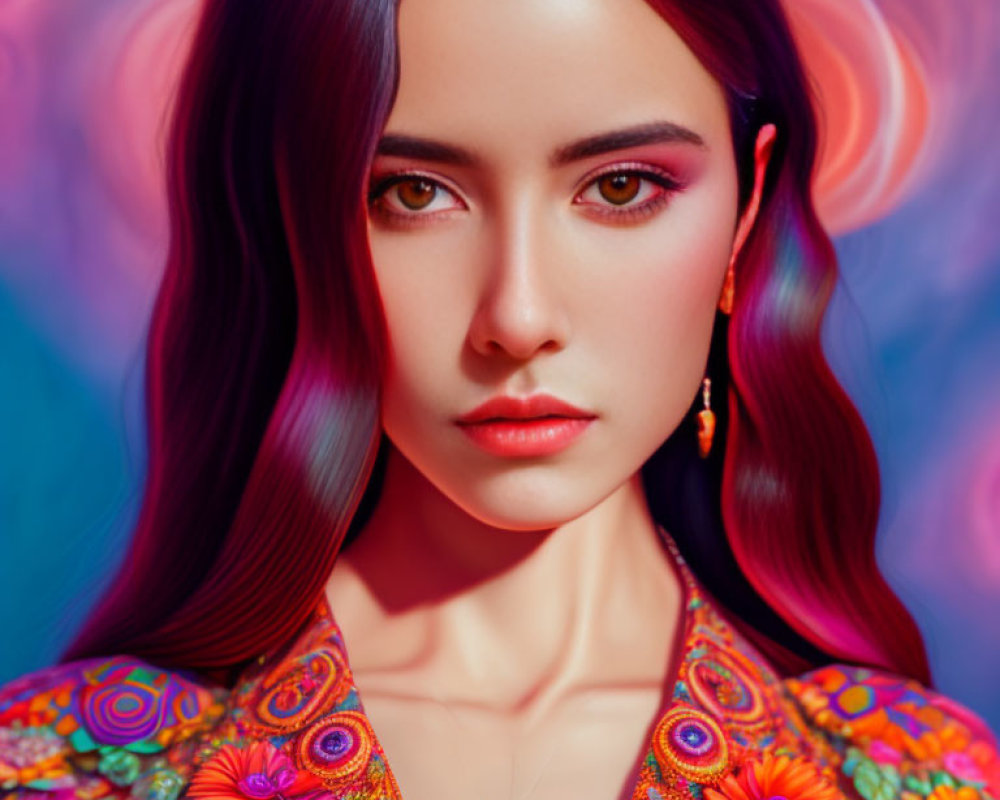 Dark-Haired Woman in Colorful Attire on Psychedelic Background