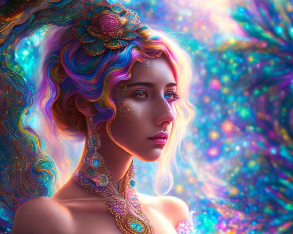 Colorful digital artwork: Woman with multicolored hair and jewels in cosmic background