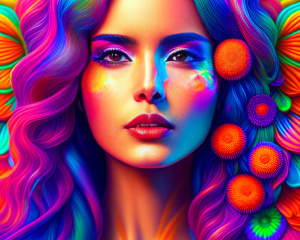 Colorful digital portrait of a woman with multicolored hair and psychedelic floral patterns