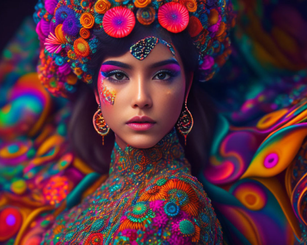 Vibrant floral headdress on woman with colorful patterns.