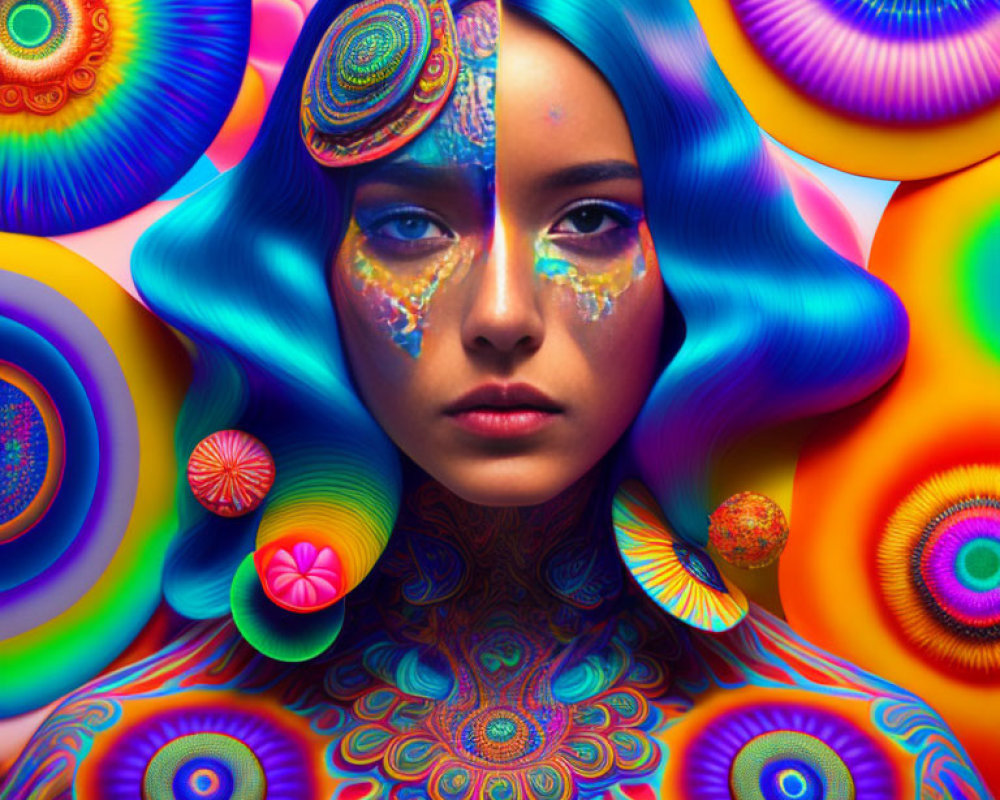 Colorful digital artwork: Woman with psychedelic patterns and swirling mandalas