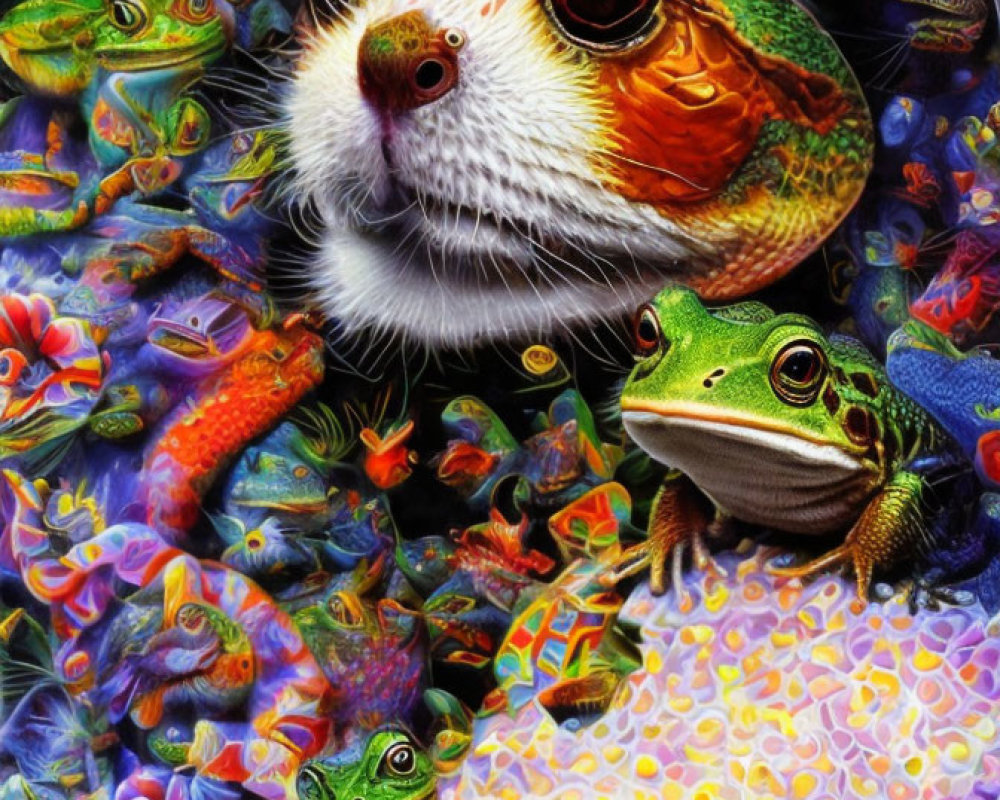 Colorful guinea pig and frogs in vibrant artwork on psychedelic background