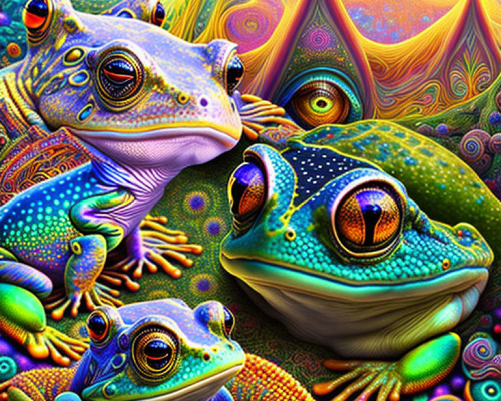 Colorful Psychedelic Frogs on Rainbow Background