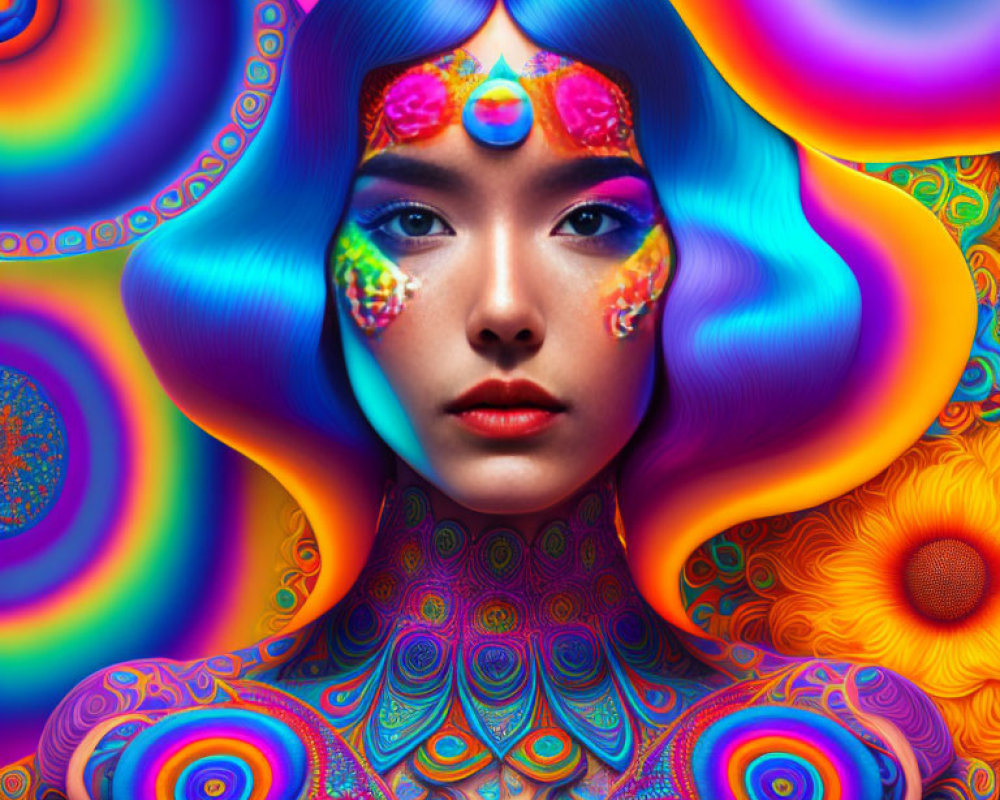 Colorful Woman with Vibrant Body Paint and Abstract Background