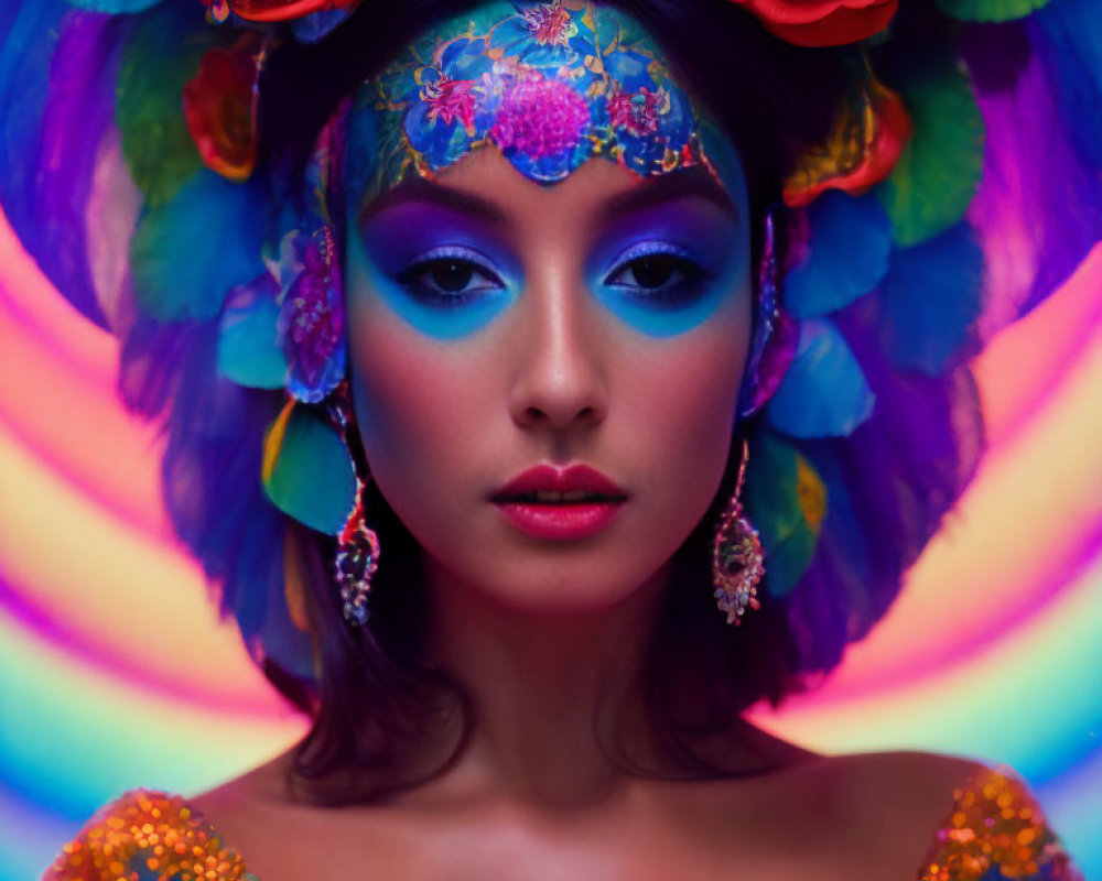 Colorful woman with vibrant makeup and floral headdress gazes ahead