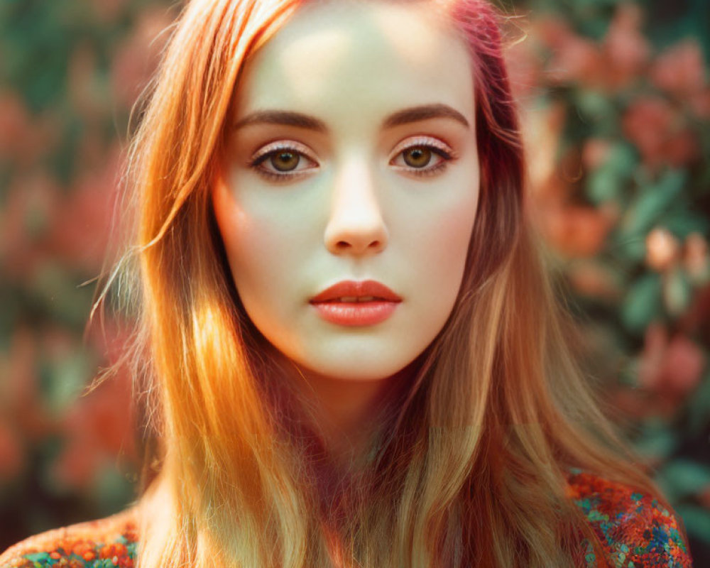 Portrait of Woman with Auburn Hair and Green Eyes in Floral Outfit