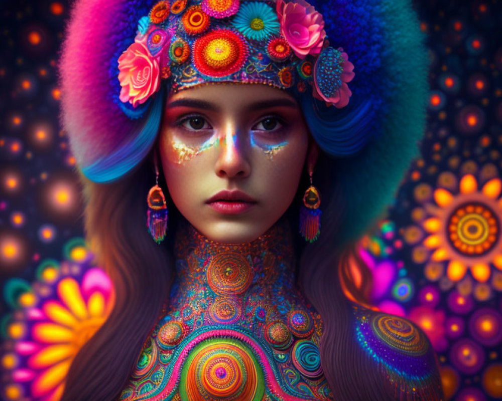 Digital portrait of woman with floral body art and furry hat in colorful setting