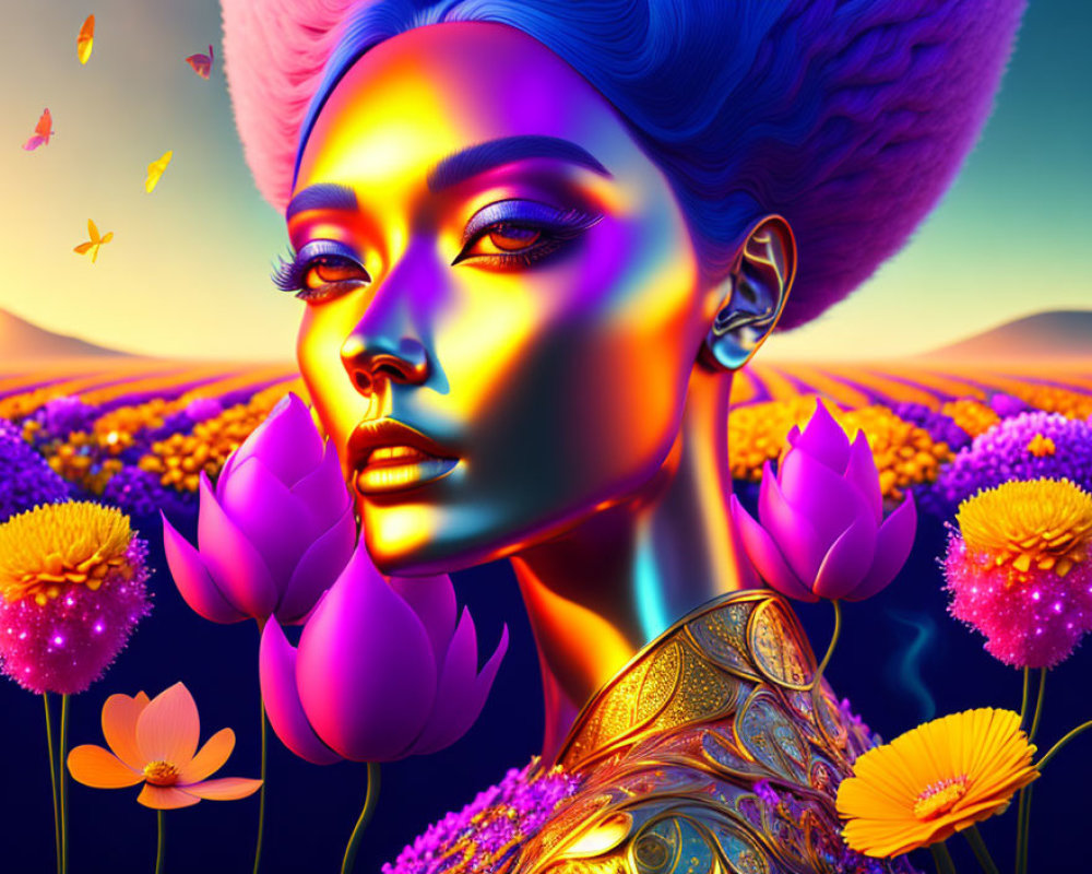 Colorful Woman Portrait in Surreal Flower Field with Butterflies