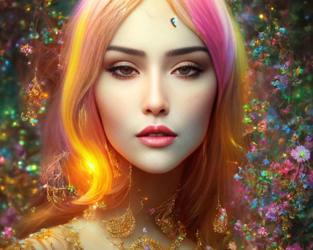 Vibrant digital artwork: woman with pink-orange ombre hair, golden jewelry, and floral