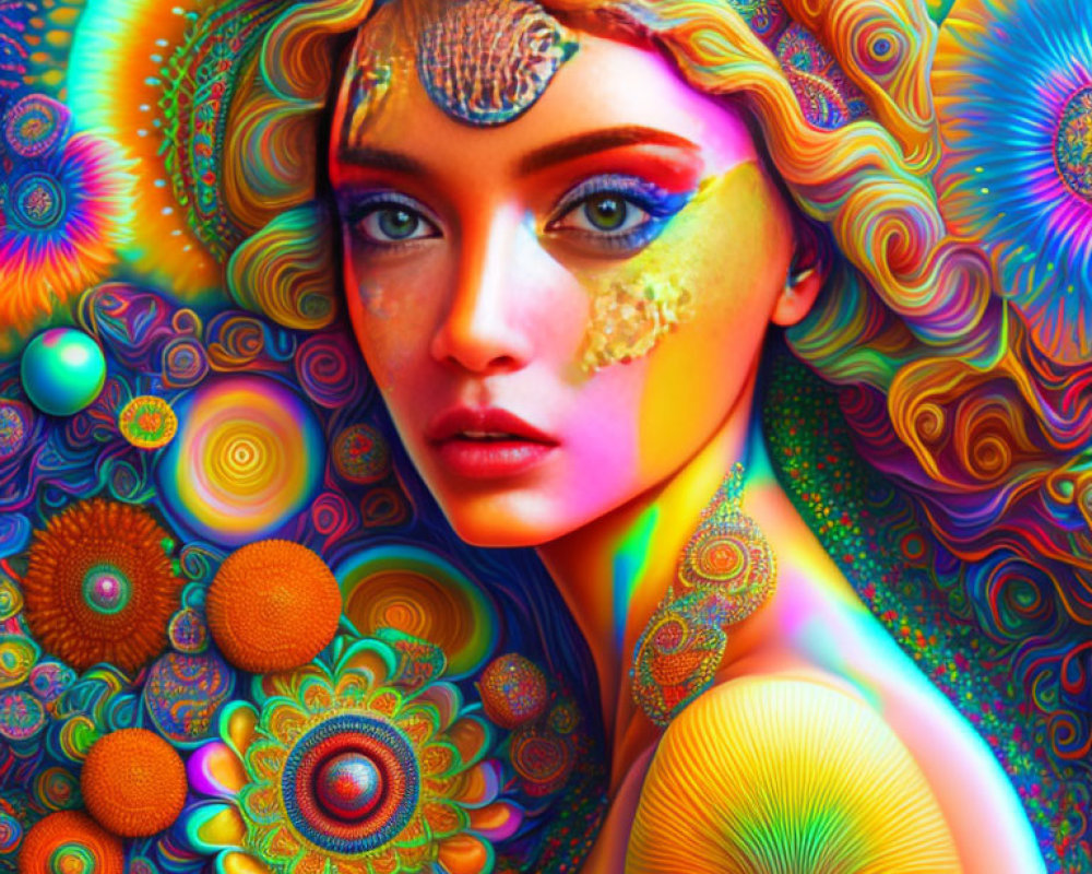 Colorful psychedelic portrait of a woman with swirling patterns and floral motifs.