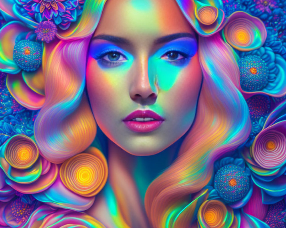 Colorful Portrait of Woman Amid Psychedelic Floral Pattern