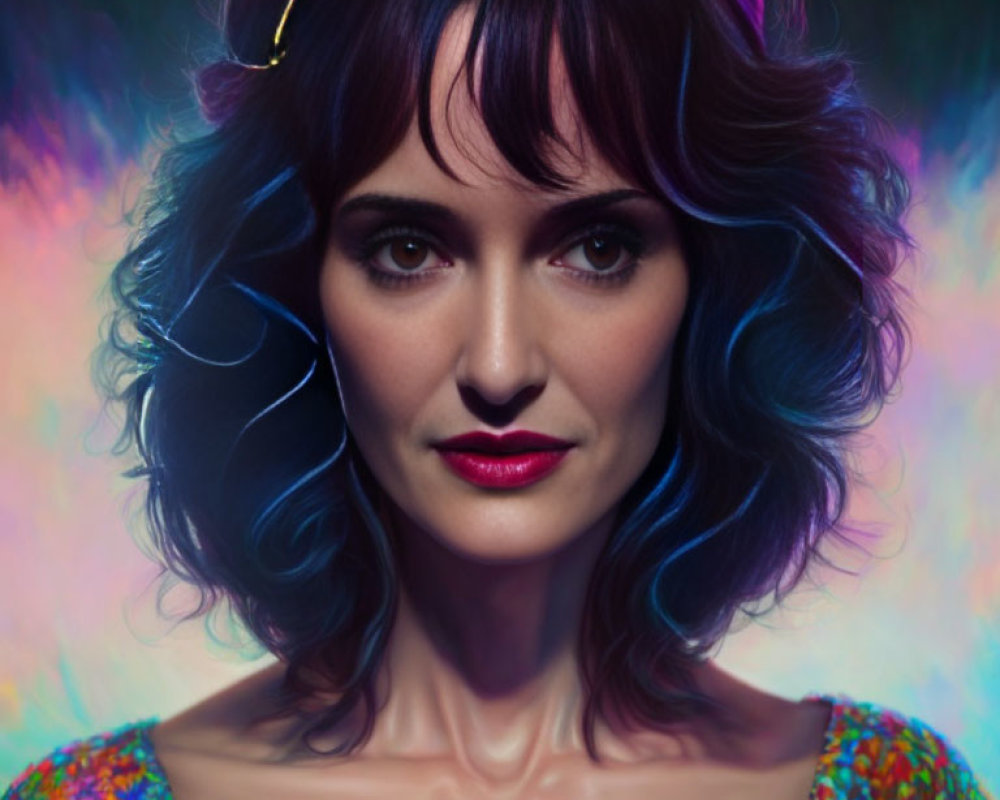 Blue-haired woman in sequin top against colorful background with subtle smile.