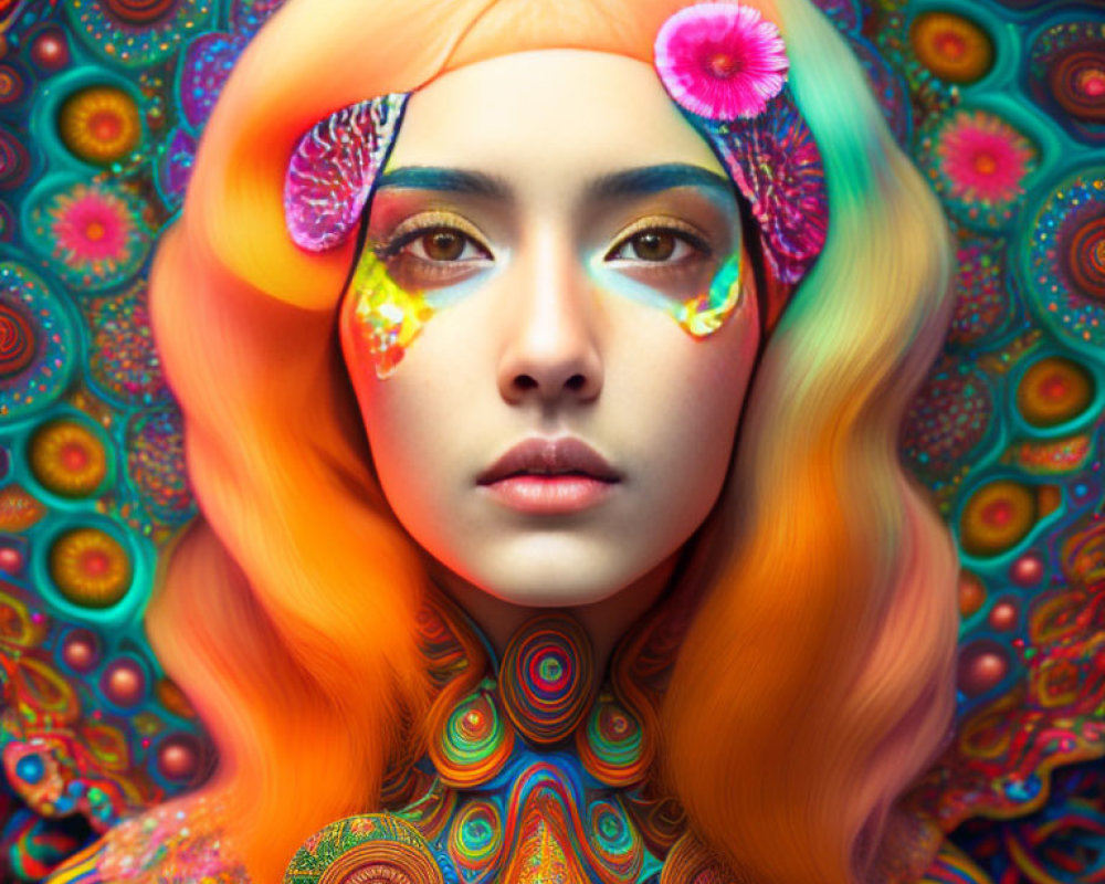 Colorful Woman with Psychedelic Background and Floral Face Decorations