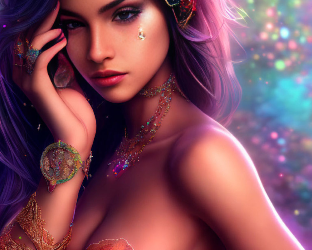 Vibrant purple-haired woman with colorful jewels in mystical gaze