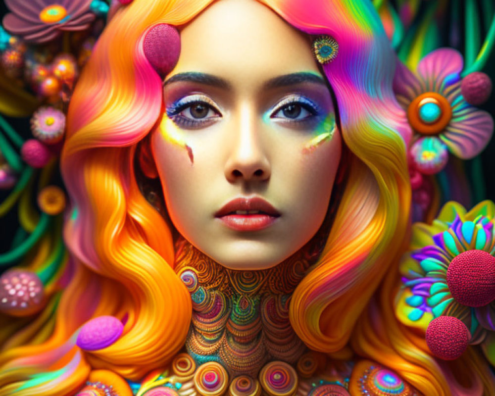 Colorful portrait of woman with multicolored hair and makeup amidst vibrant floral patterns