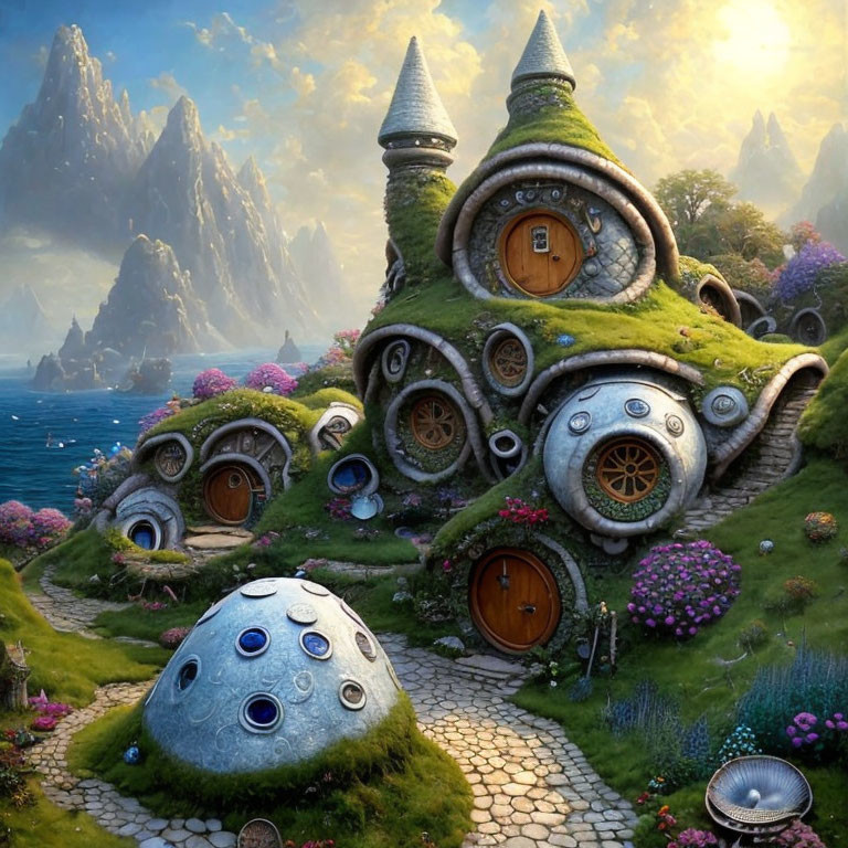 Whimsical mushroom and snail shell houses in moss-covered fantasy landscape