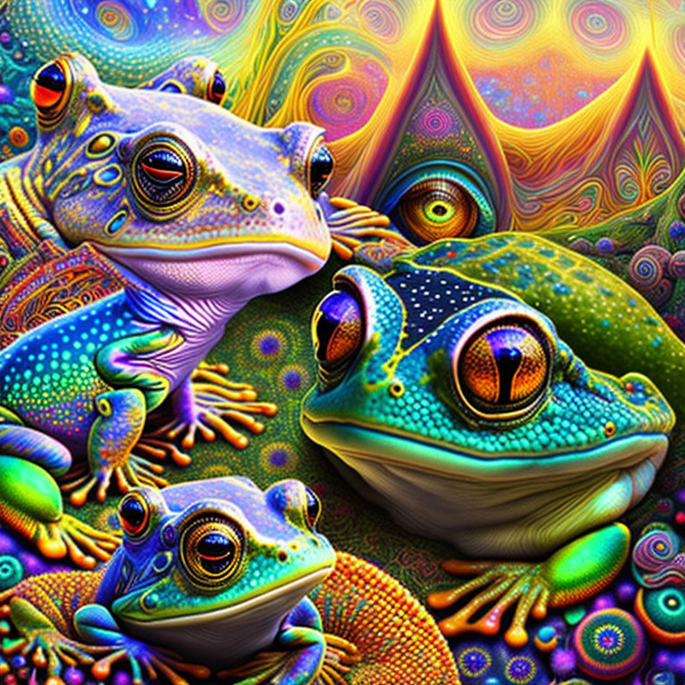 Colorful Psychedelic Frogs on Rainbow Background