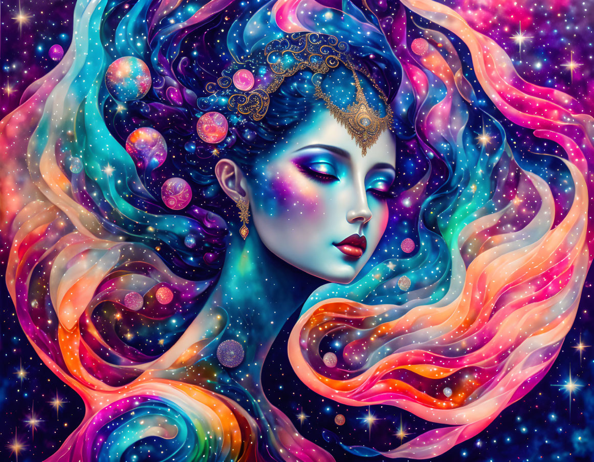 Colorful cosmic hair woman illustration with stars and ornaments