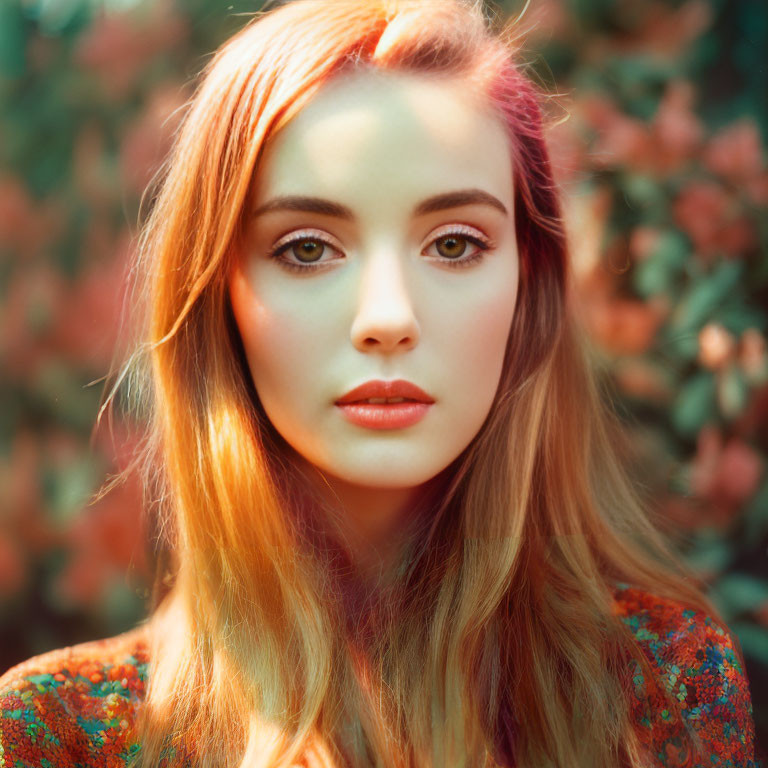 Portrait of Woman with Auburn Hair and Green Eyes in Floral Outfit