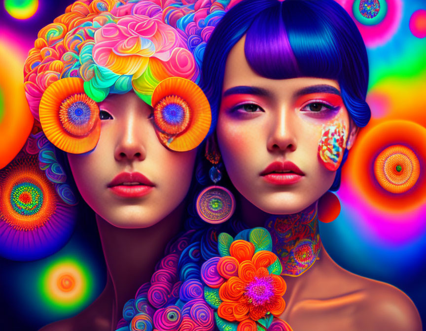 Colorful digital artwork featuring figures with floral patterns on a psychedelic background