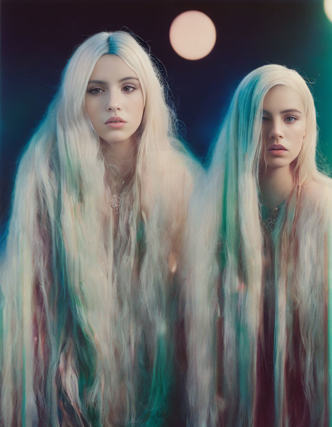 Two women with long flowing hair side by side against dark background