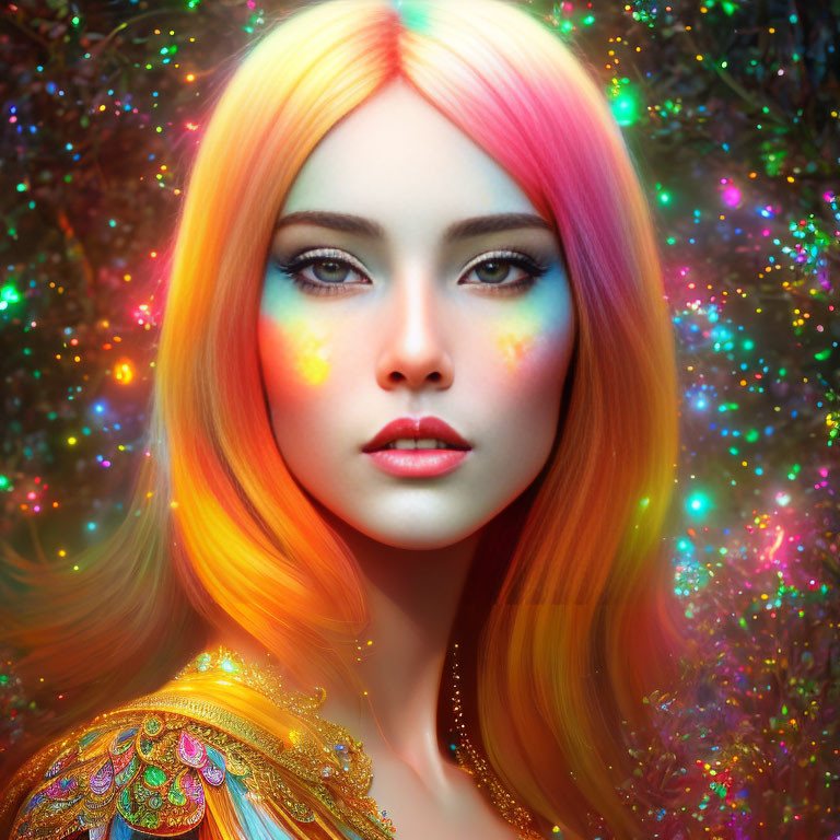 Colorful Portrait of Woman with Rainbow Hair and Vibrant Makeup