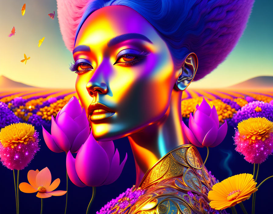 Colorful Woman Portrait in Surreal Flower Field with Butterflies