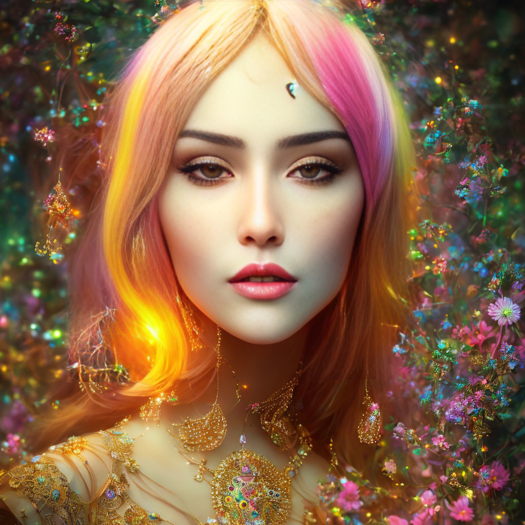 Vibrant digital artwork: woman with pink-orange ombre hair, golden jewelry, and floral