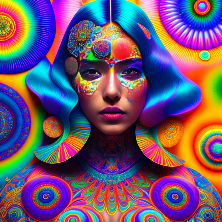 Vibrant Psychedelic Background with Woman in Face Paint