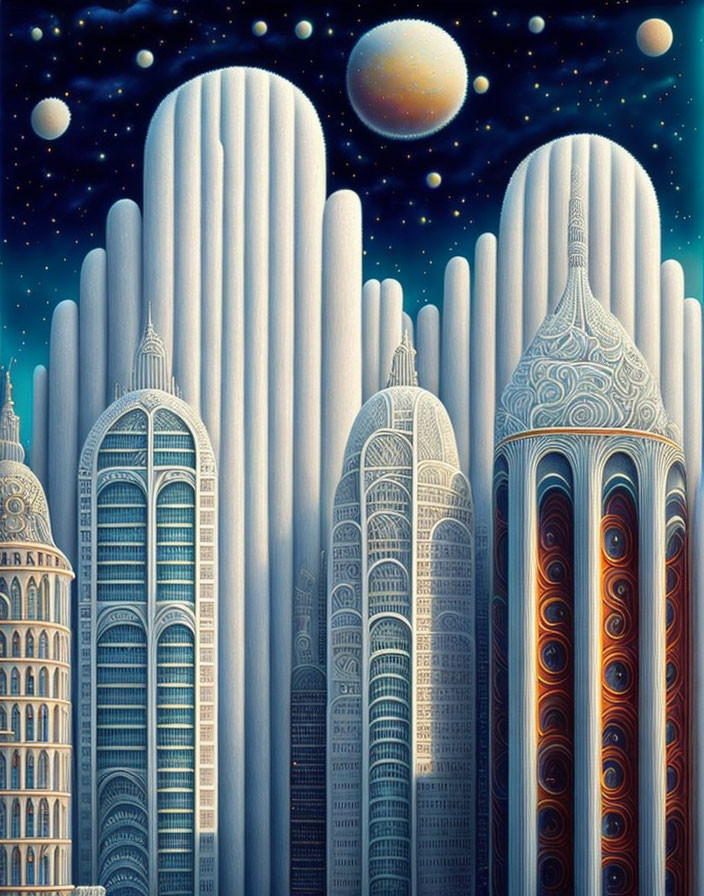 Futuristic skyscrapers under starry sky in vibrant colors