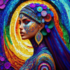 Colorful portrait of woman with multicolored hair and psychedelic patterns