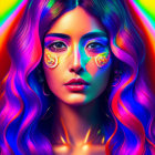 Colorful portrait of woman with rainbow wavy hair and artistic makeup.