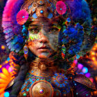 Colorful portrait of woman with psychedelic makeup and floral patterns