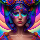 Colorful woman with vibrant makeup and floral headdress gazes ahead