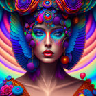 Colorful Psychedelic Woman Artwork with Floral Elements on Multi-Colored Background