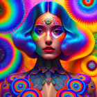 Colorful portrait of a woman with blue hair and psychedelic patterns, surrounded by flowers and mandalas