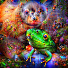 Colorful Artwork: Green Frog with Floating Frogs in Forest