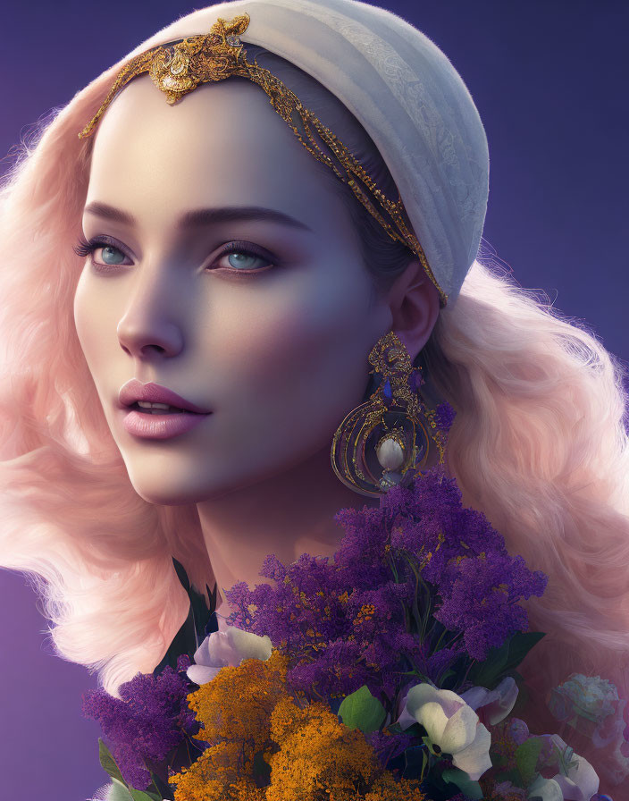 Portrait of woman with pale skin, pink hair, blue eyes, gold headpiece, holding bouquet on