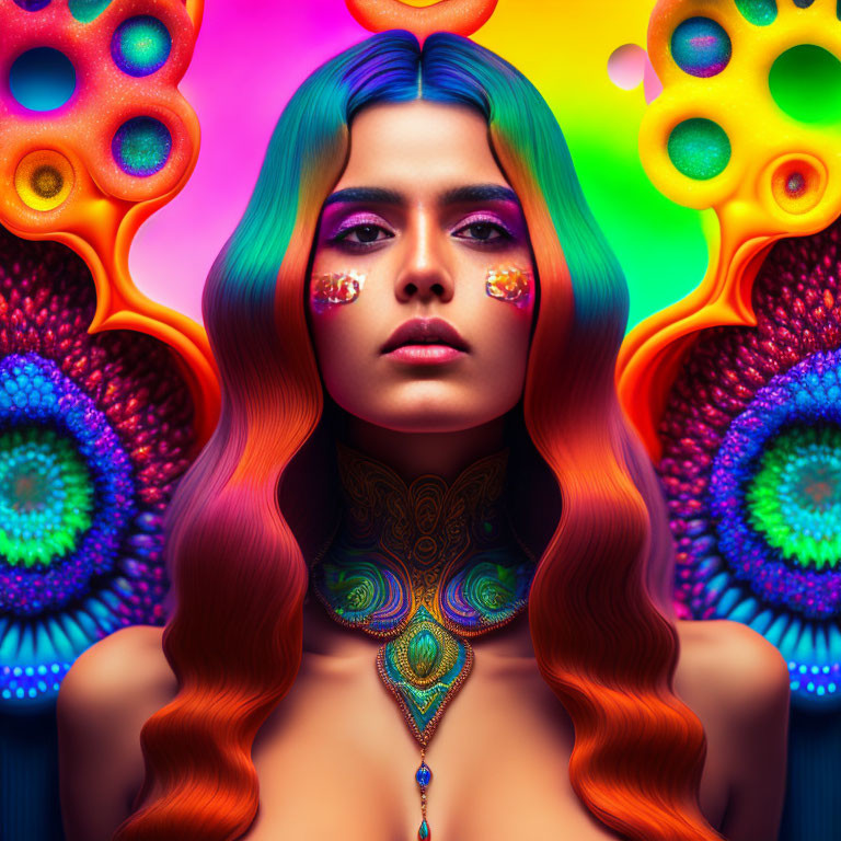 Colorful Woman with Psychedelic Hair and Makeup on Bright Background