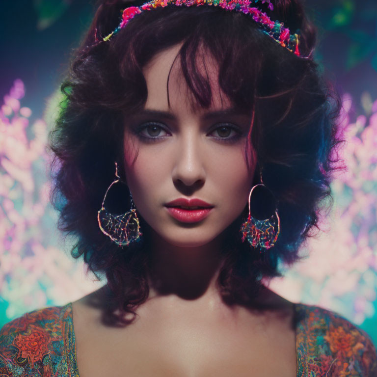 Curly-haired woman in bohemian attire with colorful headband and hoop earrings poses against multicol