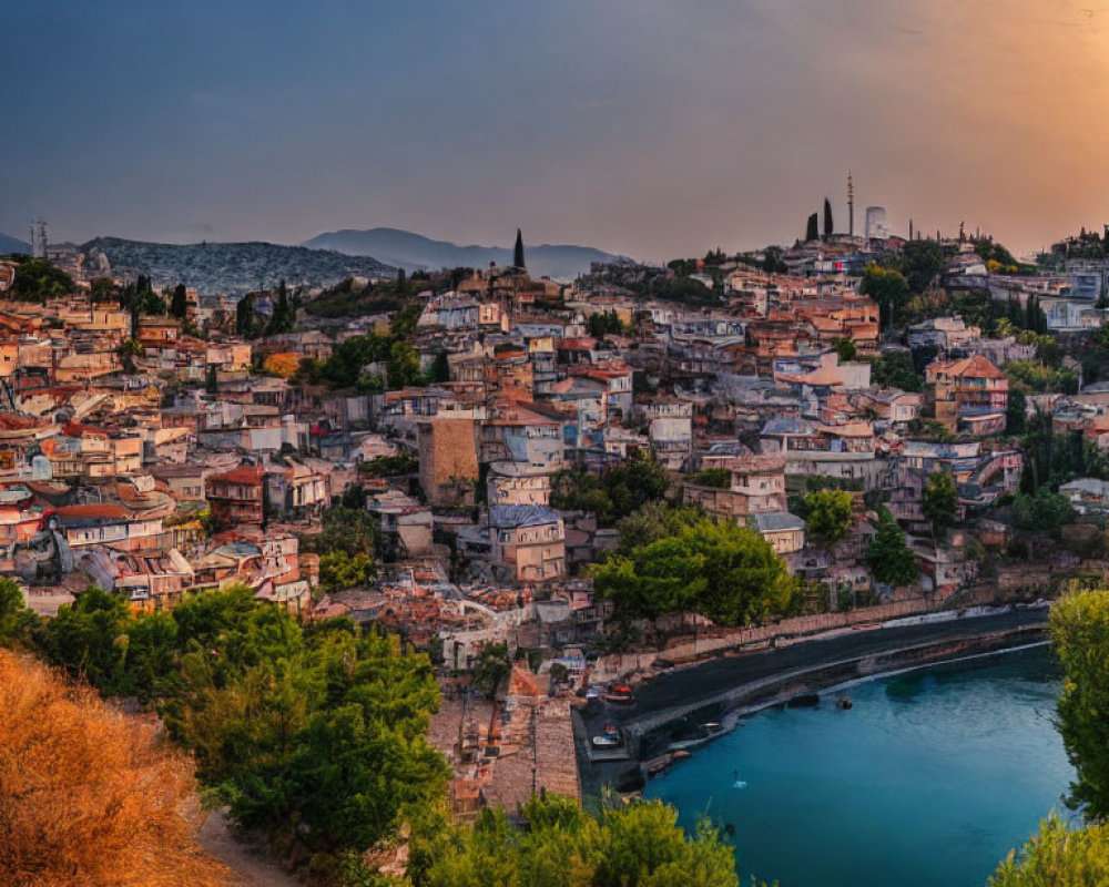 Coastal town at dusk: dense buildings, river, hills, golden sky