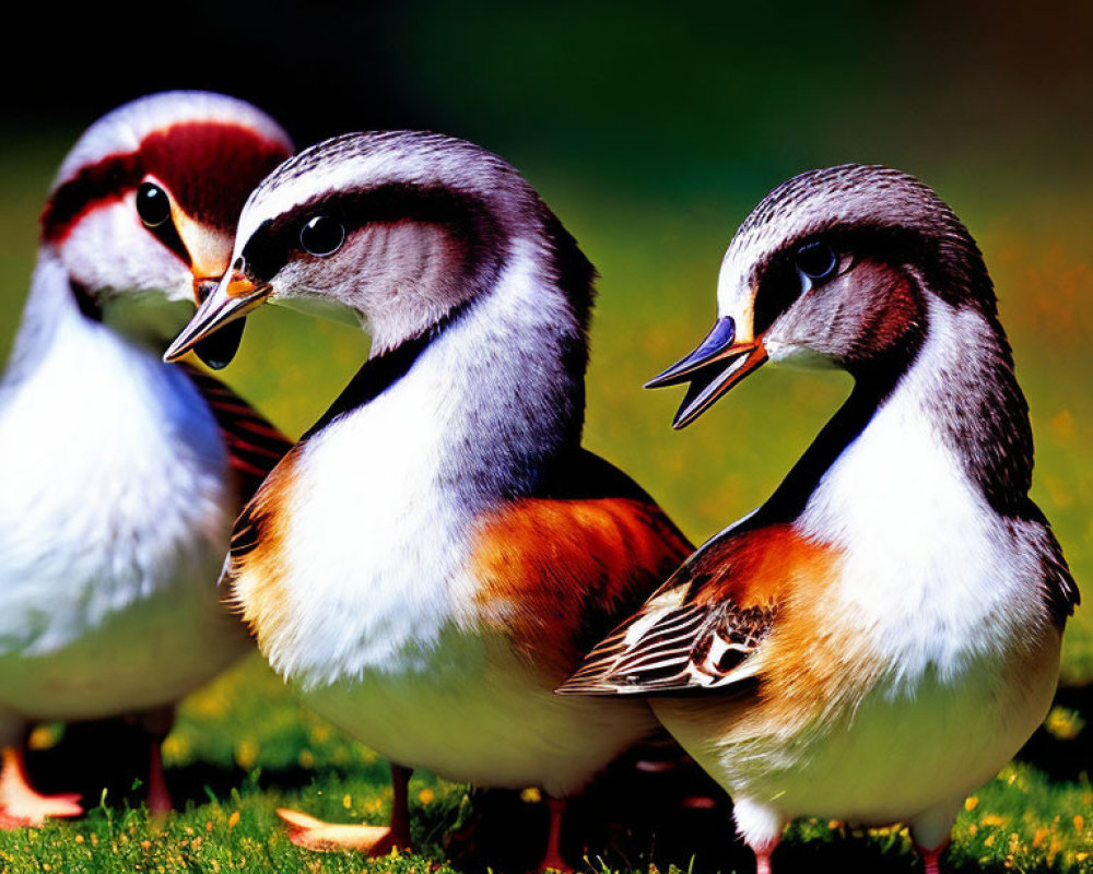 Vibrantly colored mandarin ducks on grass, one vocalizing