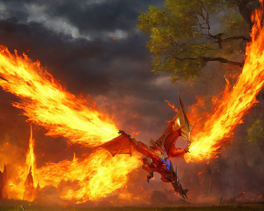 Majestic dragon breathing inferno in scorched forest under dusky sky