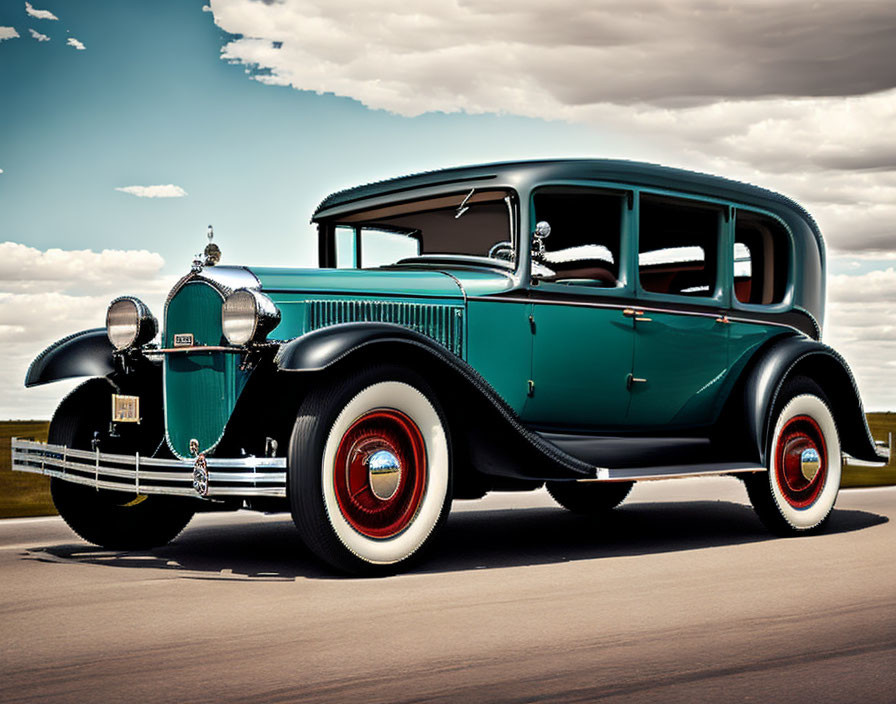 Classic Green Car with Glossy Finish and Chrome Detailing on Road