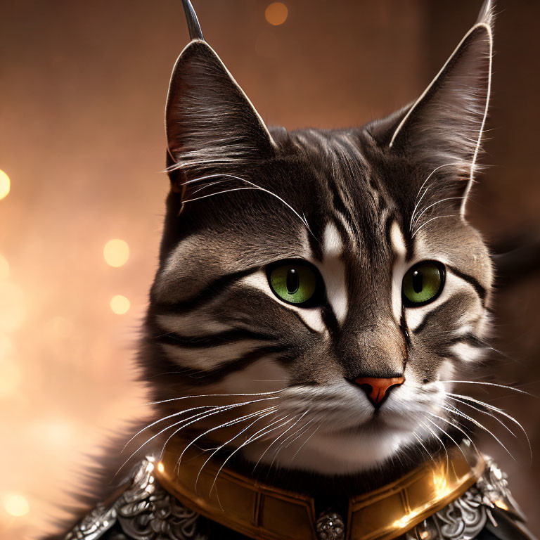 Majestic cat with green eyes and armor collar in warm setting