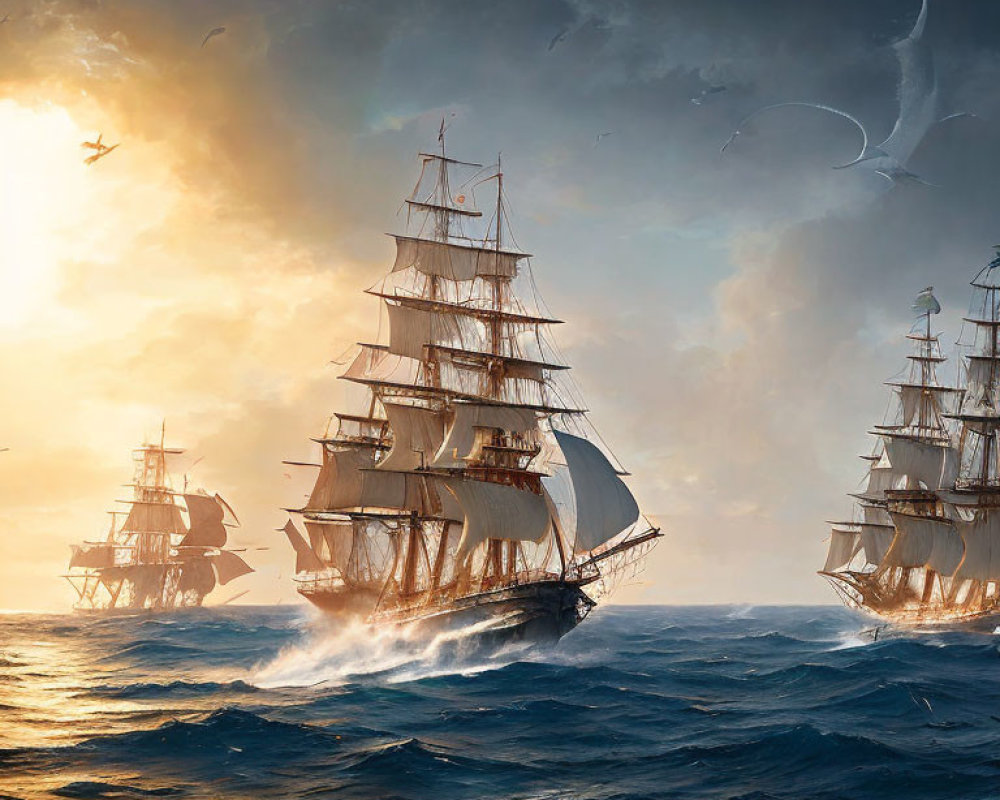 Tall ships with billowing sails in rough ocean waters under dramatic sky