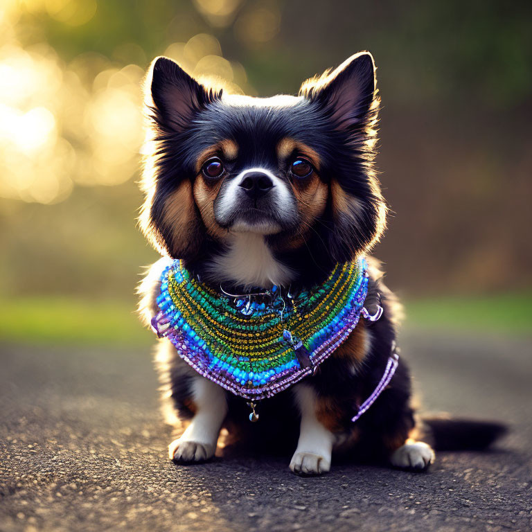 Fluffy black and tan dog with beaded necklace on path