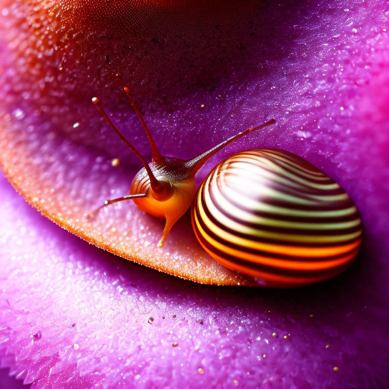 Colorful Striped Snail Crawling on Purple Leaf with Water Droplets