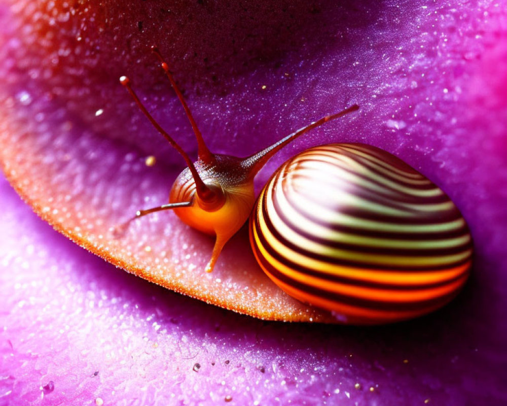 Colorful Striped Snail Crawling on Purple Leaf with Water Droplets